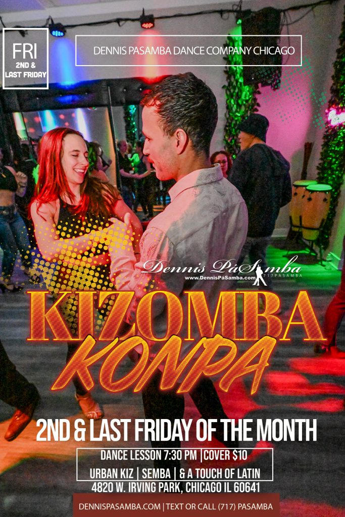 Kizomba dancers at Dennis Pasamba Dance Company’s social event in Chicago, IL, at 4820 West Irving Park Rd., during a Friday night dance lesson or social.